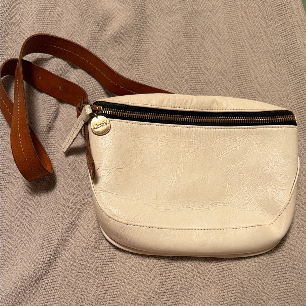 Clare V Cream Leather Crossbody Belt Bag with Brown Strap